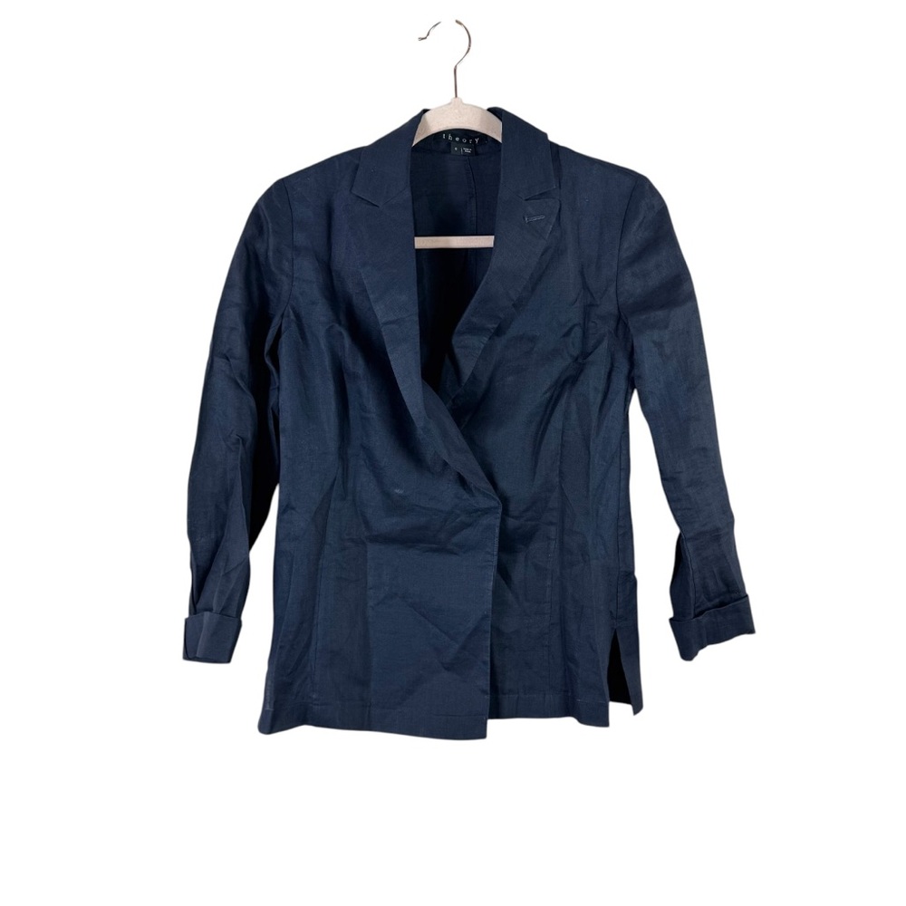 THEORY womens size 0 navy blue thin linen single button blazer